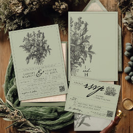 Elegante Sage Green Vintag Floral Boho Hochzeit Einladung