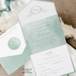 Elegante Sage Green Watercolor Monogram Wedding Al All In One Einladung
