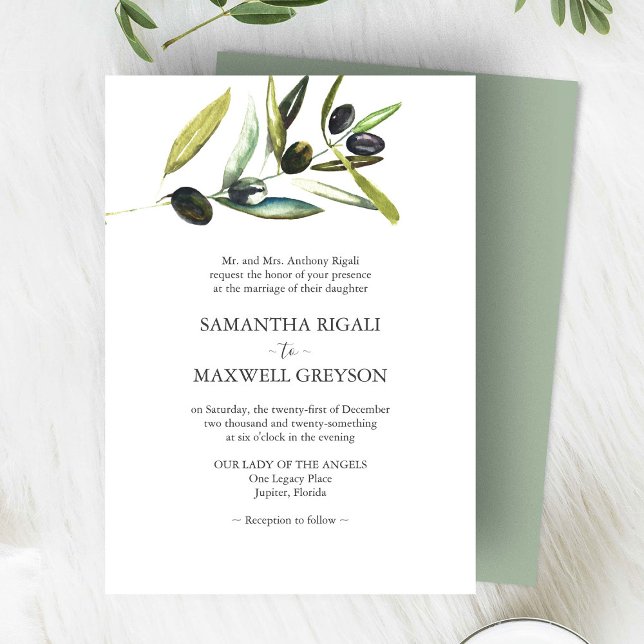 Elegante Sage Green Watercolor Olive Wedding Einladung (watercolor wedding invitations olive branch art by Victoria Grigaliunas of Do Tell A Belle)