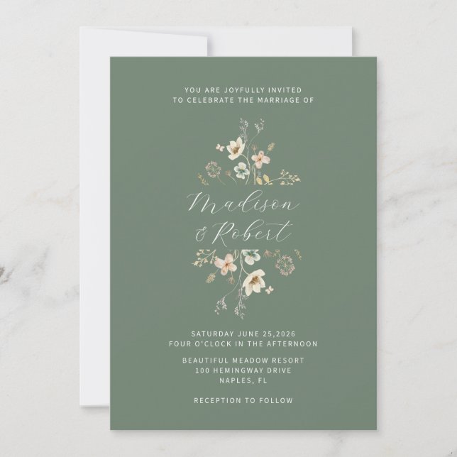 Elegante Sage Green Watercolor Wildblume Hochzeit Einladung (Vorderseite)