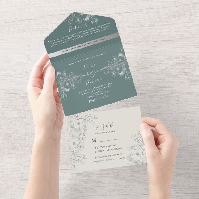 Elegante Sage Green Wedding All In One Einladung (Abreißen)
