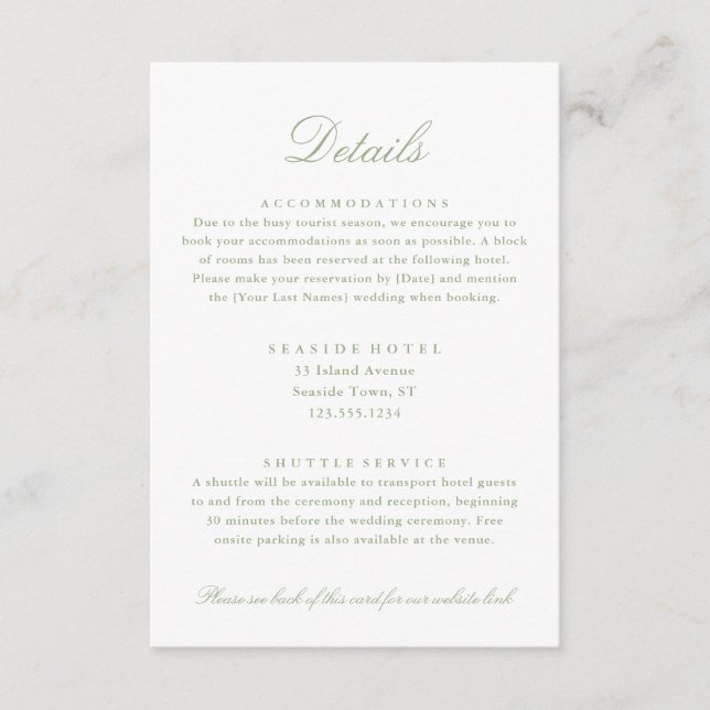 Elegante Sage Green Wedding Details Hotel Info QR Begleitkarte (Vorderseite)