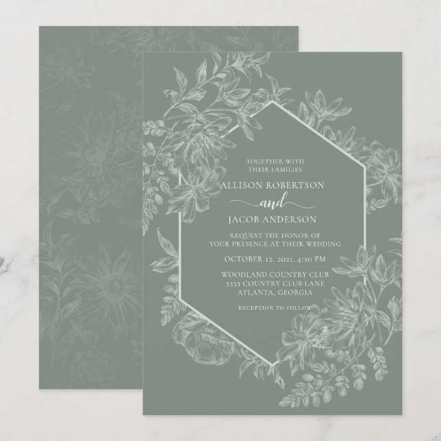 Elegante Sage Green White Geometric Floral Wedding Einladung (Vorne/Hinten)