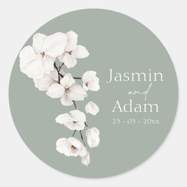 Elegante Sage Green White Orchid Wedding Runder Aufkleber (Vorderseite)
