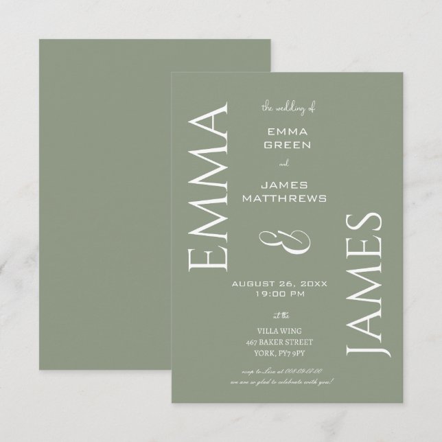 Elegante Sage Green, White Schriftart Bold Script  Einladung (Vorne/Hinten)