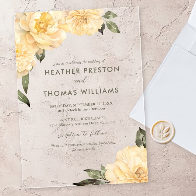 Elegante Sage Green Yellow Floral Wedding Acryleinladungen (Von Creator hochgeladen)