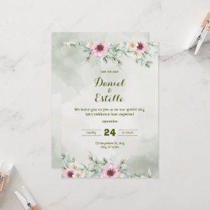 Elegante Sage-Grün Florale Wasserfarben Hochzeits  Einladung