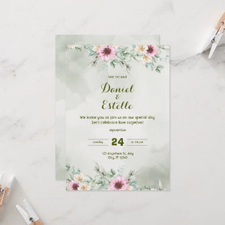 Elegante Sage-Grün Florale Wasserfarben Hochzeits Einladung