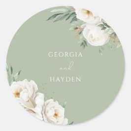 Elegante Sage Leaf & White Floral Wedding Runder Aufkleber