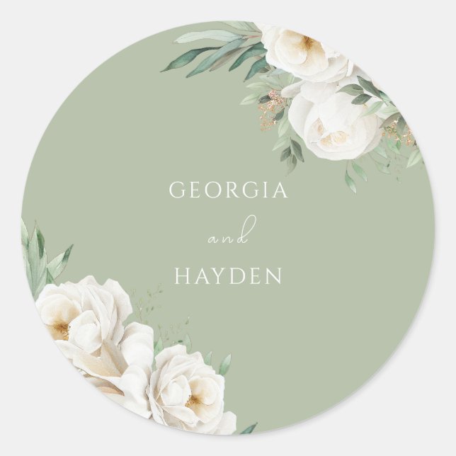 Elegante Sage Leaf & White Floral Wedding Runder Aufkleber (Vorderseite)