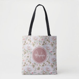 Elegante SahneRosen Blumenmonogramm und Name Tasche