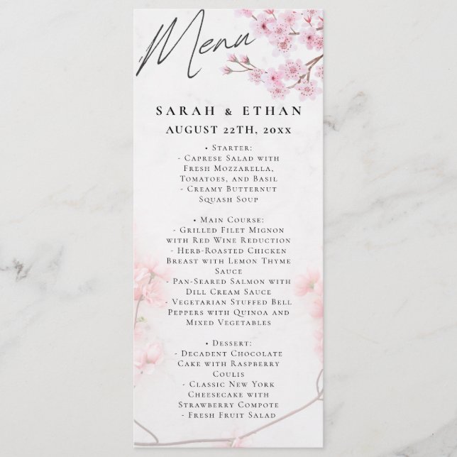 Elegante Sakura Rosa Blumenkirsche Blossom Hochzei Menükarte (Vorderseite)