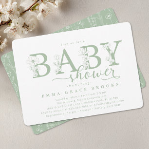 Elegante Salbei-Blumen-Baby-Shower-Typografie Einladung