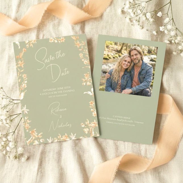Elegante Salbei-Elfenbein-Script-Wildblumen-Foto Save The Date (Von Creator hochgeladen)