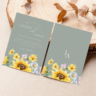 Elegante Salbei-Grün-Sonnenblumen-Blumenhochzeit Einladung