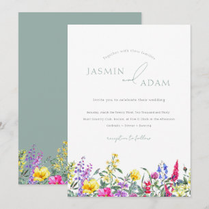 Elegante Salbei-Grün-Wildblumen-Monogramm-Hochzeit Einladung