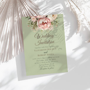 Elegante Salbei-Grüne Pfingstrosen-Hochzeitseinlad Einladung