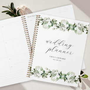 Elegante Salbei-Grünpflanzen & Weiße Florale Hochz Planer