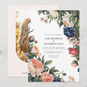 Elegante Salbei-, Navy- und Pfirsich-Blumenhochzei Einladung