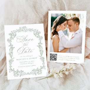 Elegante Salbei-Victorian-Blumen-QR-Code-Hochzeit Save The Date