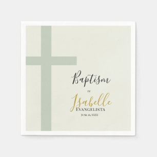 Elegante Salbeigrün Gold Minimal Kreuz Taufe Serviette