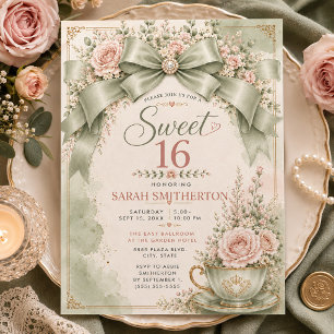 Elegante Salbeigrüne Blush Coquette-Schleife Sweet Einladung
