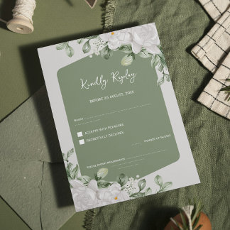 Elegante Salbeigrüne Botanische Weiße Florale Hoch RSVP Karte
