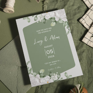 Elegante Salbeigrüne Botanische Weiße Florale Hoch Save The Date