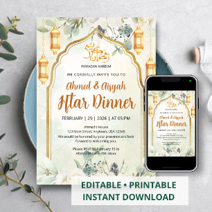 Elegante Salbeigrüne Florale Laterne Ramadan Iftar Einladung