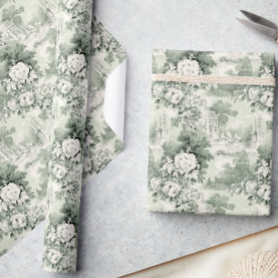Elegante Salbeigrüne französische Rosen Toile Blum Geschenkpapier