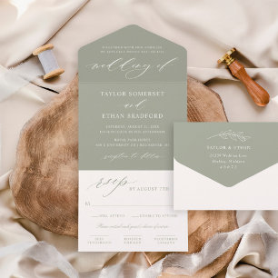 Elegante Salbeigrüne Kalligrafie-Schrift Hochzeit All In One Einladung