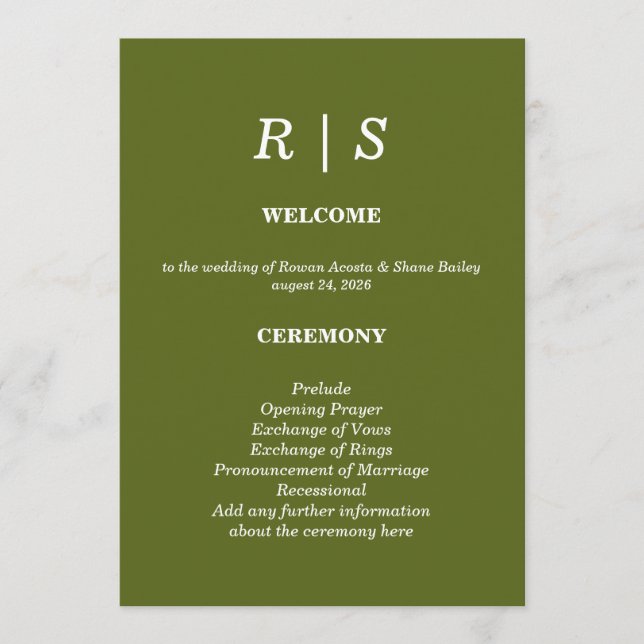 Elegante Salbeigrüne Monogramm-Hochzeitsprogrammka Programm (Vorderseite)