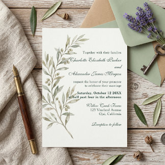 Elegante Salbeigrüne Olivenzweig Botanische Hochze Einladung