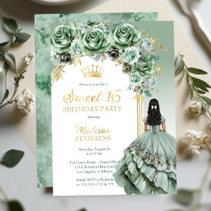 Elegante Salbeigrüne Rosen Florale Sweet 16 Party Folieneinladung
