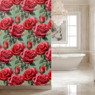 Elegante Salbeigrüne rote Rosen Duschvorhang