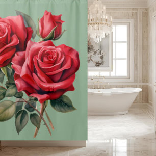 Elegante Salbeigrüne rote Rosen Duschvorhang