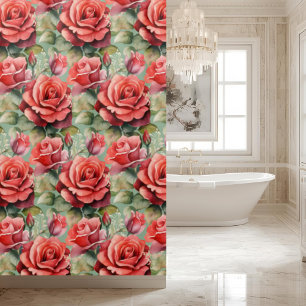 Elegante Salbeigrüne rote Rosen Duschvorhang