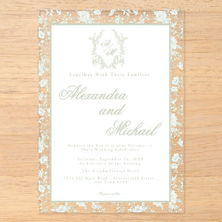 Elegante, salbeigrüne Toile-Blumen-Monogramm-Hochz Acryleinladungen