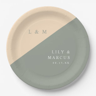 Elegante Salbeigrüne und cremefarbene Monogramm-Ho Pappteller