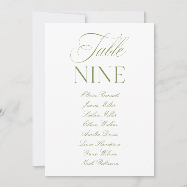 Elegante Salbeigrüne und Weiße Hochzeitstisch-Numm Einladung (Vorderseite)