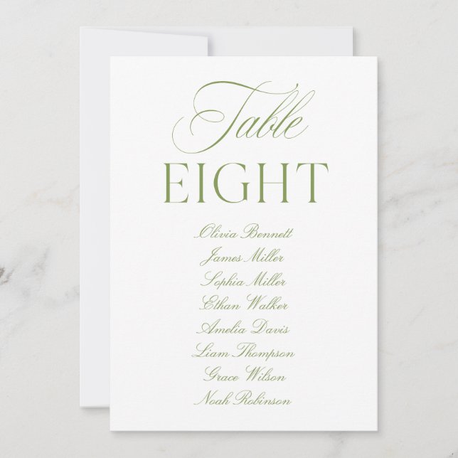 Elegante Salbeigrüne und Weiße Hochzeitstisch-Numm Einladung (Vorderseite)