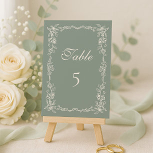 Elegante Salbeigrüne Vintage-Blumenhochzeit Tischnummer