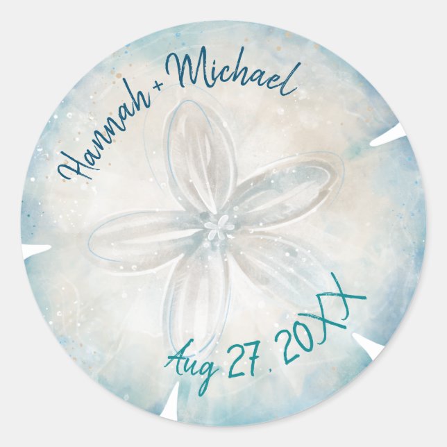 Elegante Sand Dollar Name Beach Hochzeit Runder Aufkleber (Vorderseite)