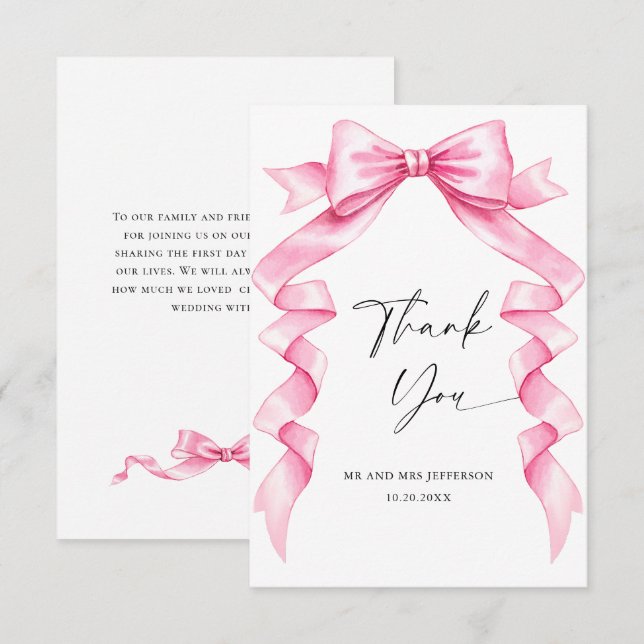 Elegante, sanfte, rosa, handgezeichnete Bow-Hochze Dankeskarte (Vorne/Hinten)