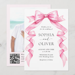 Elegante, sanfte, rosa, handgezeichnete Bow-Hochze Einladung