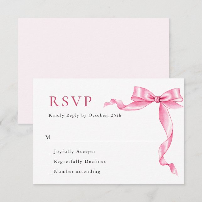 Elegante, sanfte, rosa, handgezeichnete Bow-Hochze RSVP Karte (Vorne/Hinten)