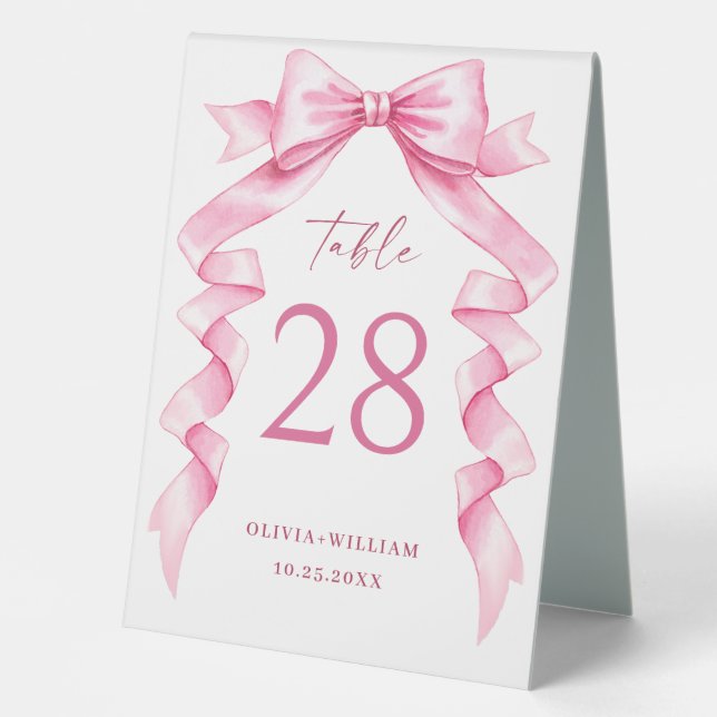 Elegante, sanfte, rosa, handgezeichnete Bow-Hochze Tischaufsteller (Vorderseite)