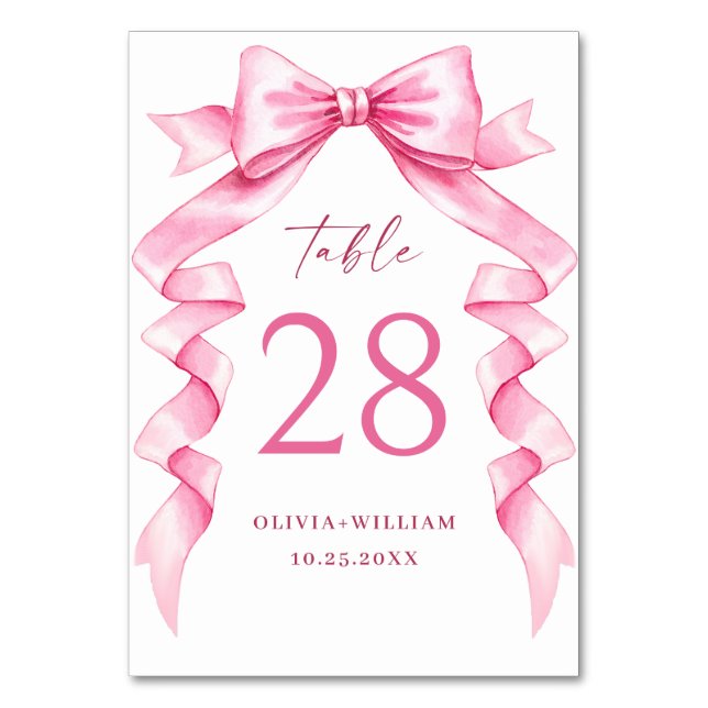 Elegante, sanfte, rosa, handgezeichnete Bow-Hochze Tischnummer (Vorderseite)