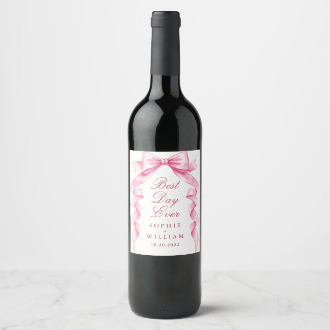 Elegante, sanfte, rosa, handgezeichnete Bow-Hochze Weinetikett (Vorderseite)