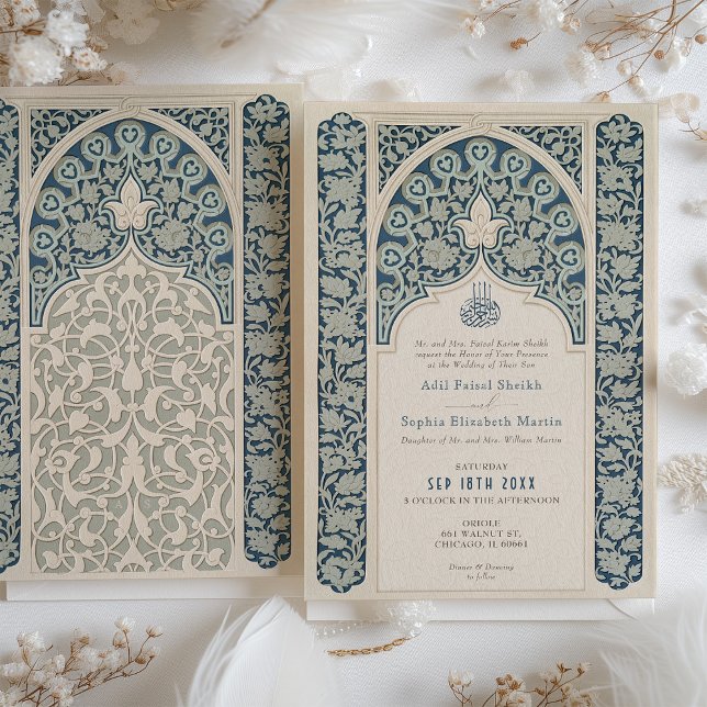 Elegante Sapphire and Cream Islamic Lace Wedding Einladung (Von Creator hochgeladen)
